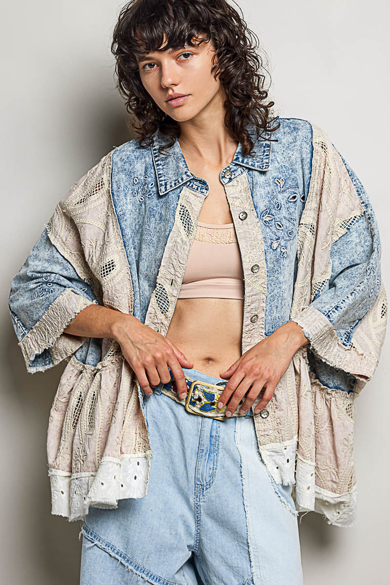 POL Eyelet Ruffles Embroidered Crochet Patch Denim Jacket