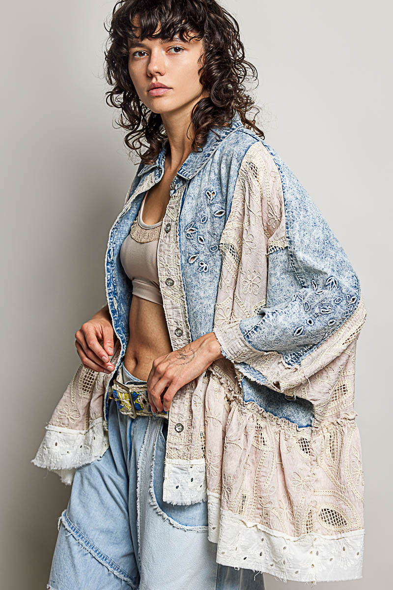 POL Eyelet Ruffles Embroidered Crochet Patch Denim Jacket