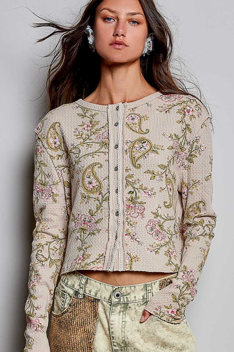 POL Vintage Floral Botanical Print Ribbed Knit Button Cardigan