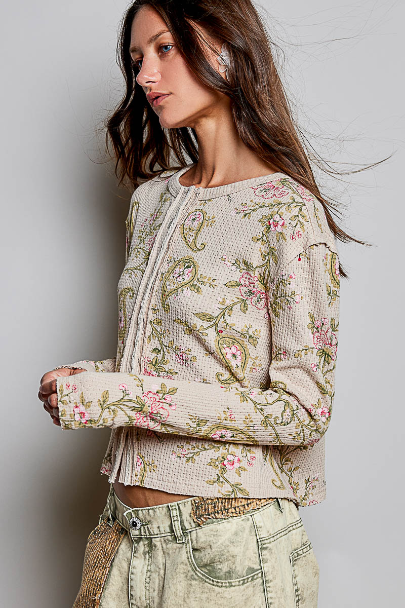 POL Vintage Floral Botanical Print Ribbed Knit Button Cardigan